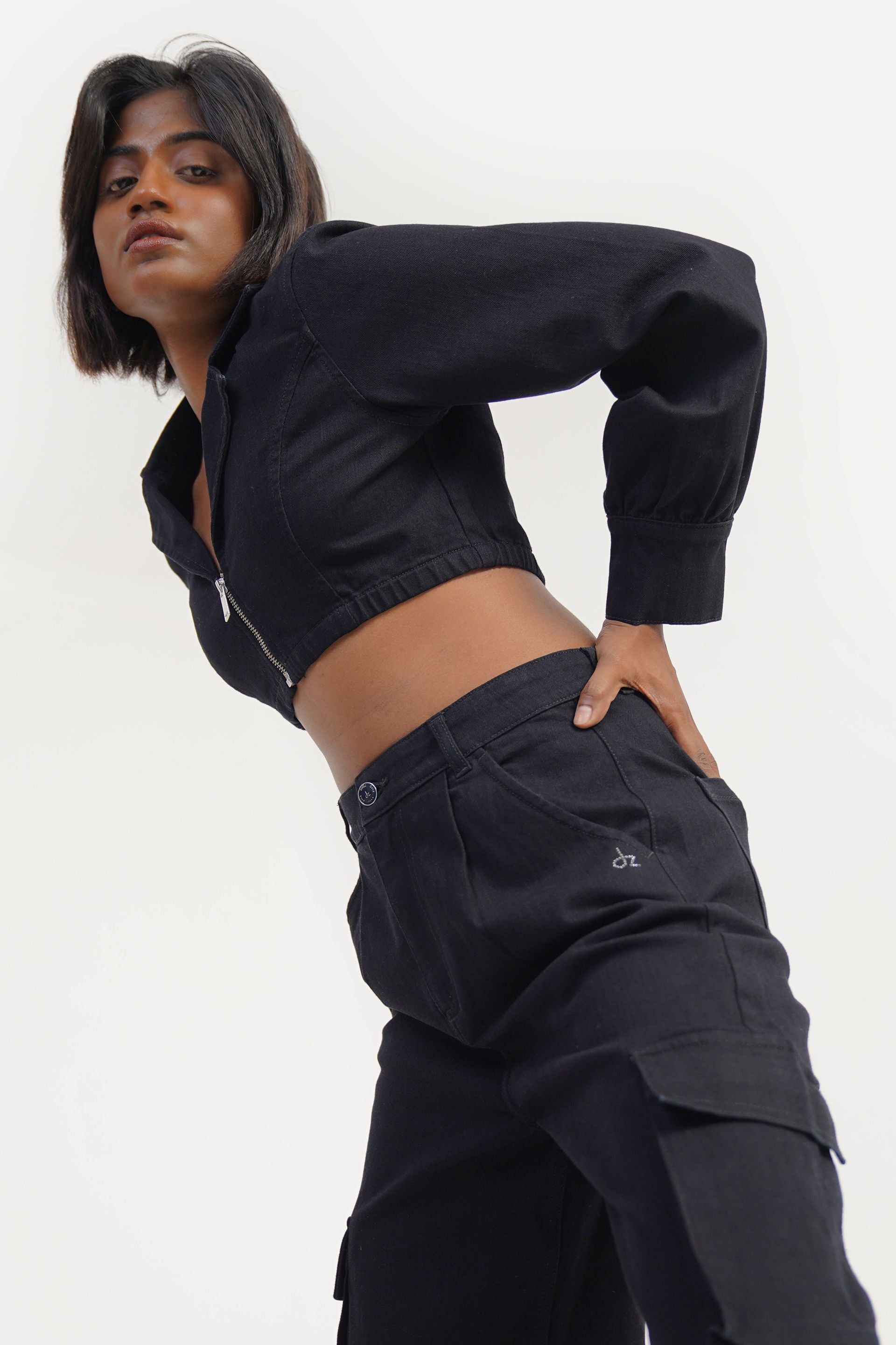 MiniMoto Cropped Ease black cotton crop jacket, rinse wash, urban style, sizes XS-XL